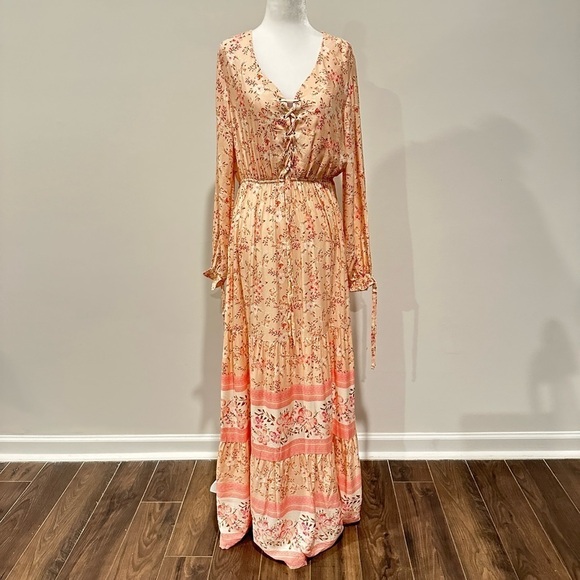 NWT Size Large Boho Orange Pink Floral Maxi dress Euro Summer Sabrina Carpenter - Picture 1 of 15